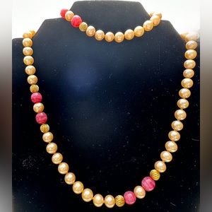 Les Bernard Inc Signed Vintage Faux Pearl Pink Bead Fashion Jewelry Necklace